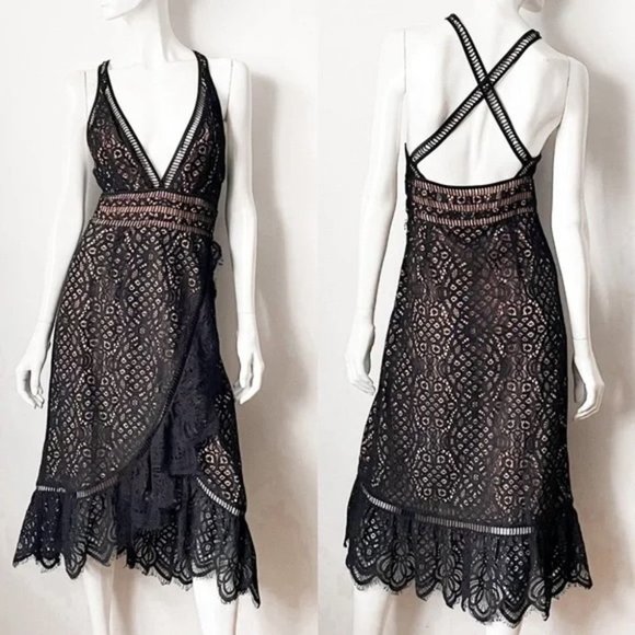 Lovers + Friends Black Lace Deep V Frill Sleeveless Dress, M - Picture 3 of 13